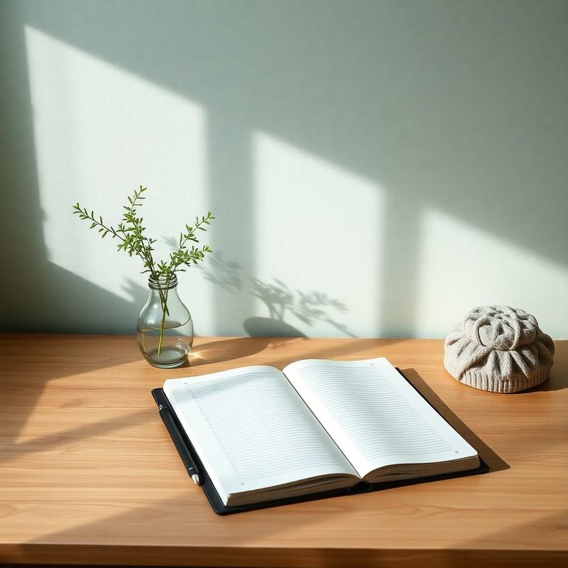 Minimalist planning desk with an open notebook and a small vase of greenery
