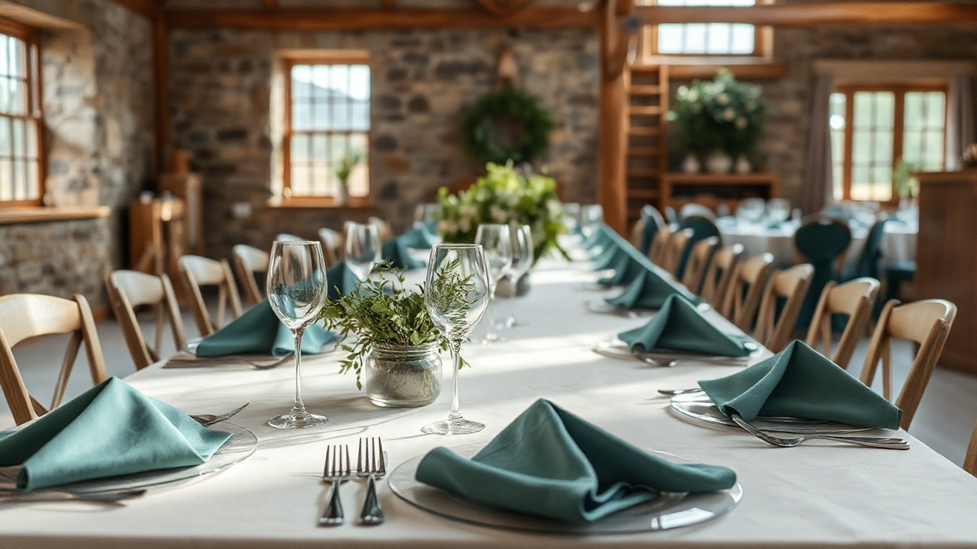 Elegantly set event dining table in soft northern light